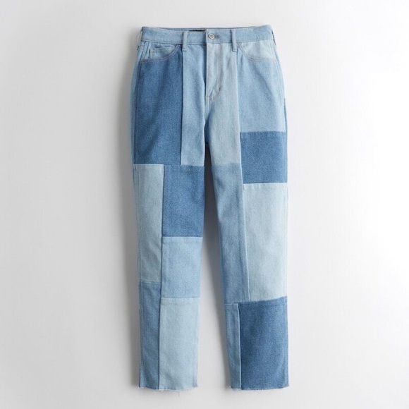 HOLLISTER ULTRA HIGH RISE STRETCH REDONE PATCHWORK RAW HEMLINE MOM JEANS - Picture 6 of 11